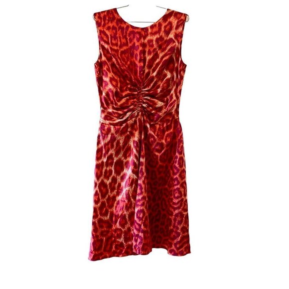 Just Cavalli Womens A Line Dress Red Pink Leopard Ruched Sleeveless Zipper XL-48